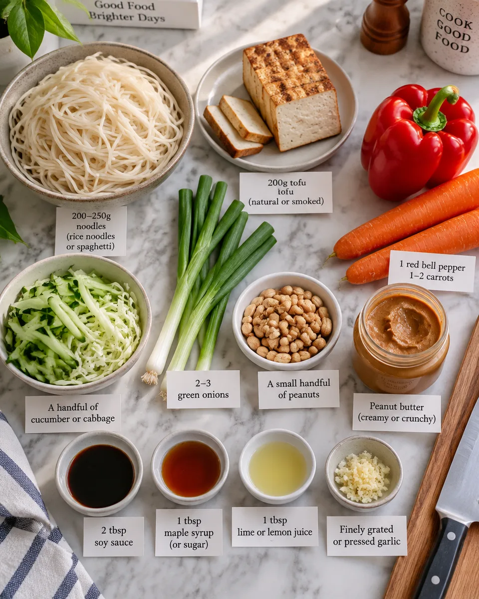 Schnelle Erdnussnudeln vegan mit frischem Gemüse und Tofu