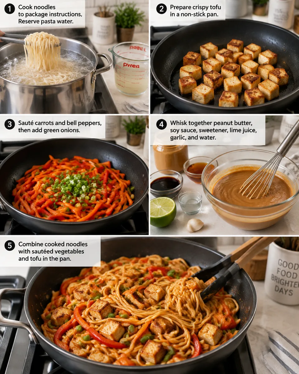 Schnelle Erdnussnudeln vegan mit frischem Gemüse und Tofu