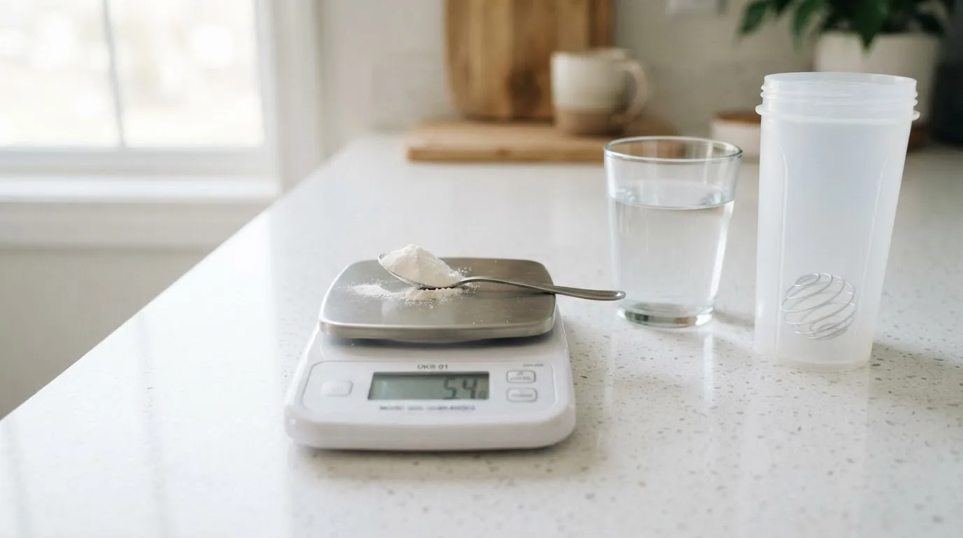 Digitale Küchenwaage mit einem Löffel Kreatinpulver, daneben ein Glas Wasser und ein Shaker