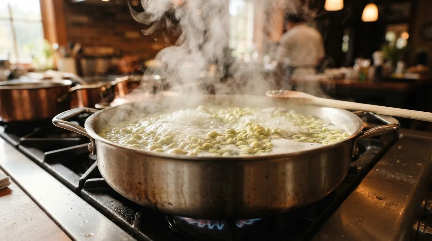 Sojabohnen kochen in einem großen Edelstahltopf auf dem Herd, aufsteigender Dampf, Nahaufnahme, warmes Küchenlicht
