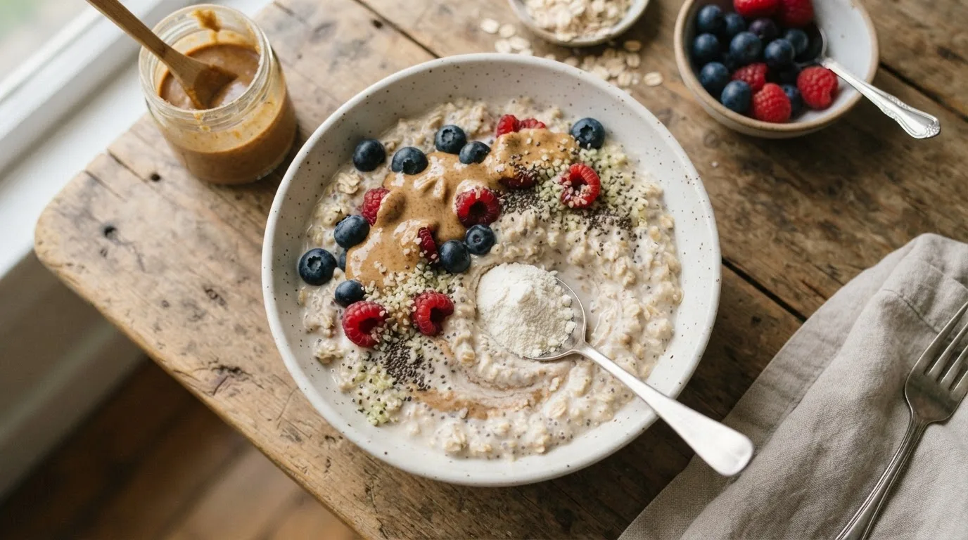 Schüssel mit Overnight Oats, garniert mit Beeren und Nussmus, ein Löffel neutrales Proteinpulver wird untergerührt, Draufsicht, weiches natürliches Licht