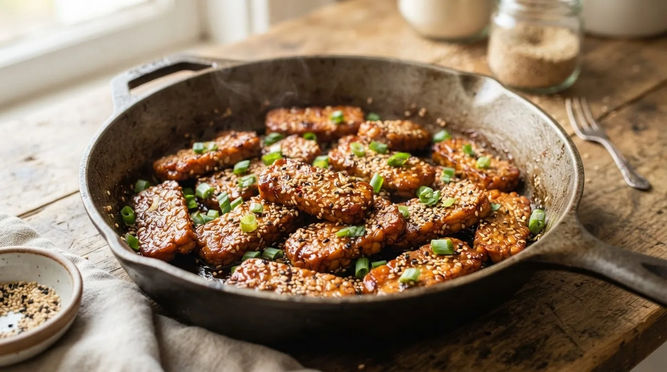 Goldbraun gebratene Tempeh-Scheiben in einer gusseisernen Pfanne mit Sojaglasur und Sesam, Nahaufnahme, warmes natürliches Licht