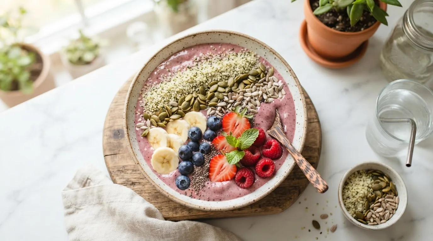 Veganer Smoothie Bowl garniert mit Hanfsamen, Kürbiskernen und Sonnenblumenkernen auf einer hellen Küchentheke, frisches Obst, Draufsicht, Food-Fotografie