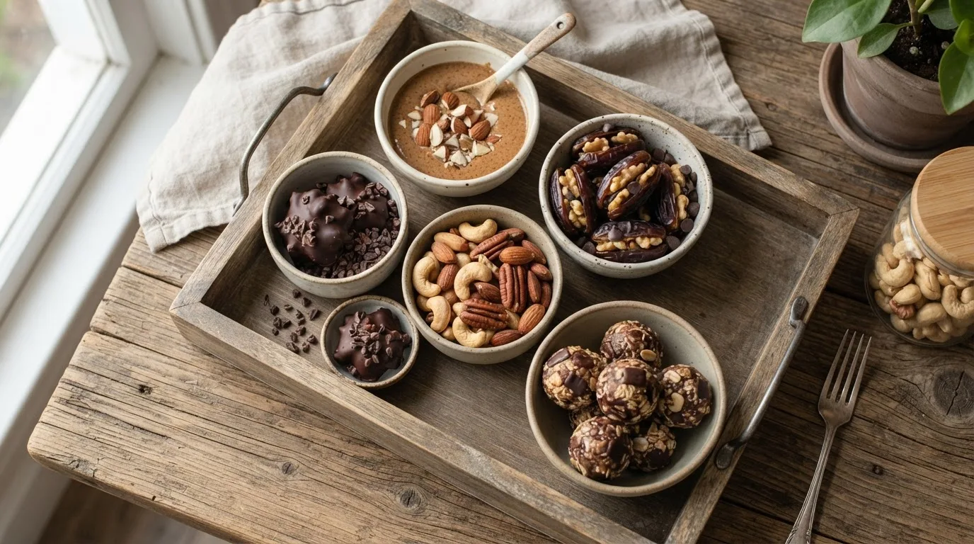 Kalorienreiche vegane Snacks in kleinen Schüsseln auf einem Holztablett, Nussbutter, Datteln, Nüsse, dunkle Schokolade und Kokos, Flat-Lay, natürliches Licht
