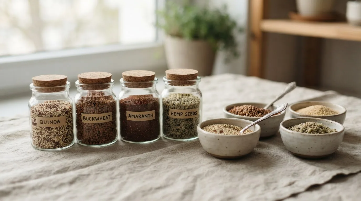 Glasgefäße mit Quinoa, Buchweizen, Amaranth und Hanfsamen sowie kleine Schalen auf einem Leinentuch