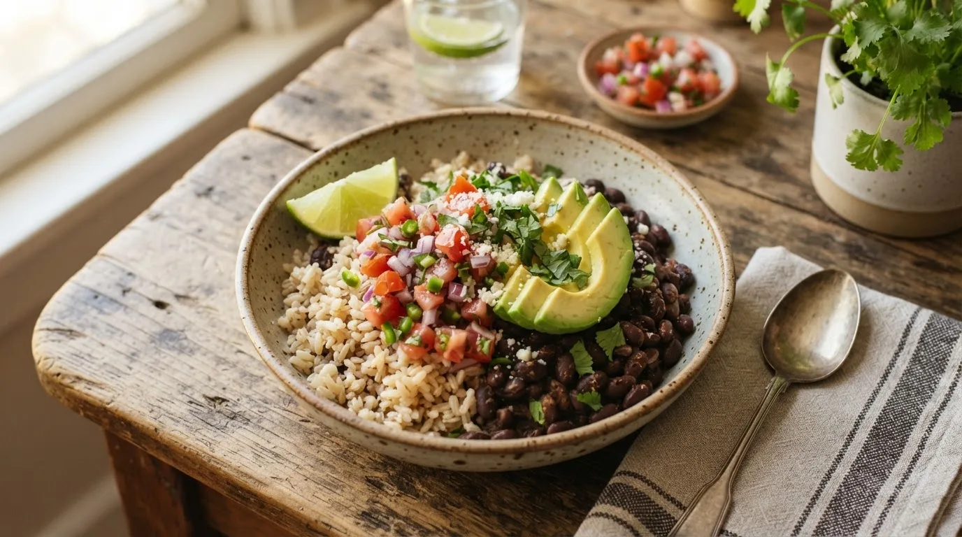 Schale mit Naturreis und schwarzen Bohnen, dazu Avocado, Tomatensalsa und Limette, eine klassische pflanzliche Proteinkombination