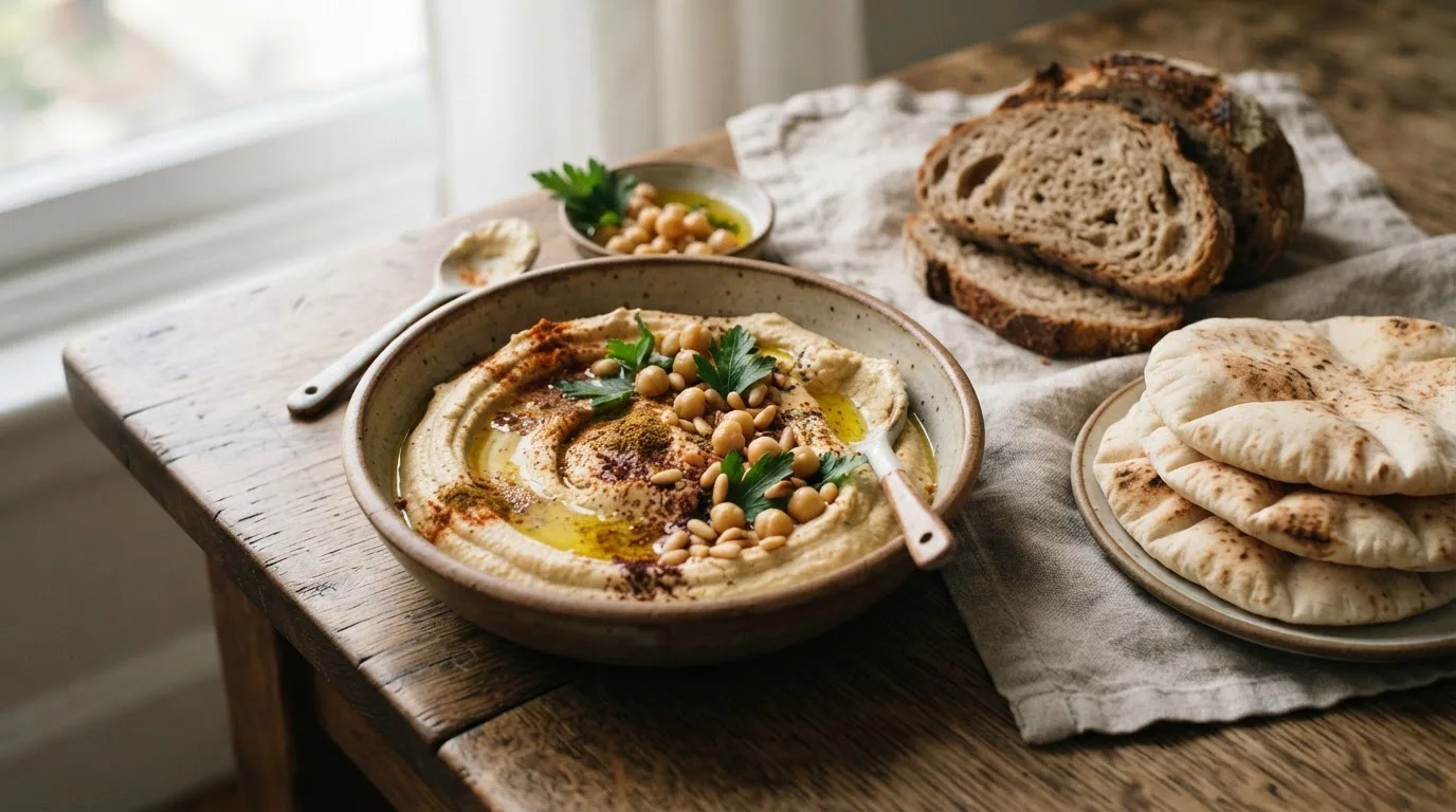 Schale mit cremigem Hummus, Olivenöl und Kichererbsen, daneben Scheiben Vollkornbrot und warmes Pitabrot