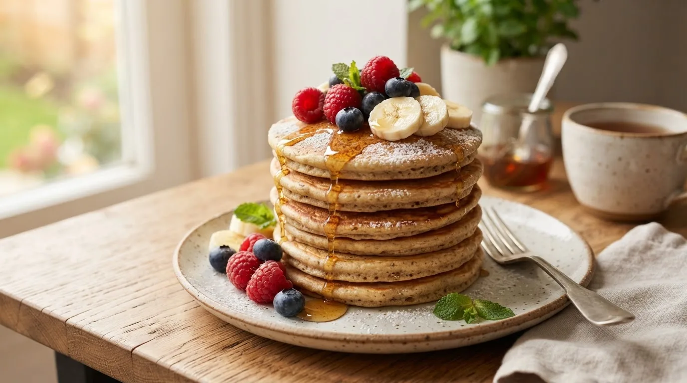 Stapel veganer Protein-Pancakes mit Himbeeren, Blaubeeren, Banane und Ahornsirup