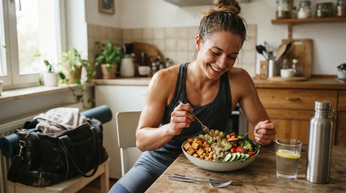 Veganer Athlet isst nach dem Training eine große Bowl mit Tofu, Kichererbsen, Quinoa und Gemüse am Küchentisch, Sporttasche im Hintergrund