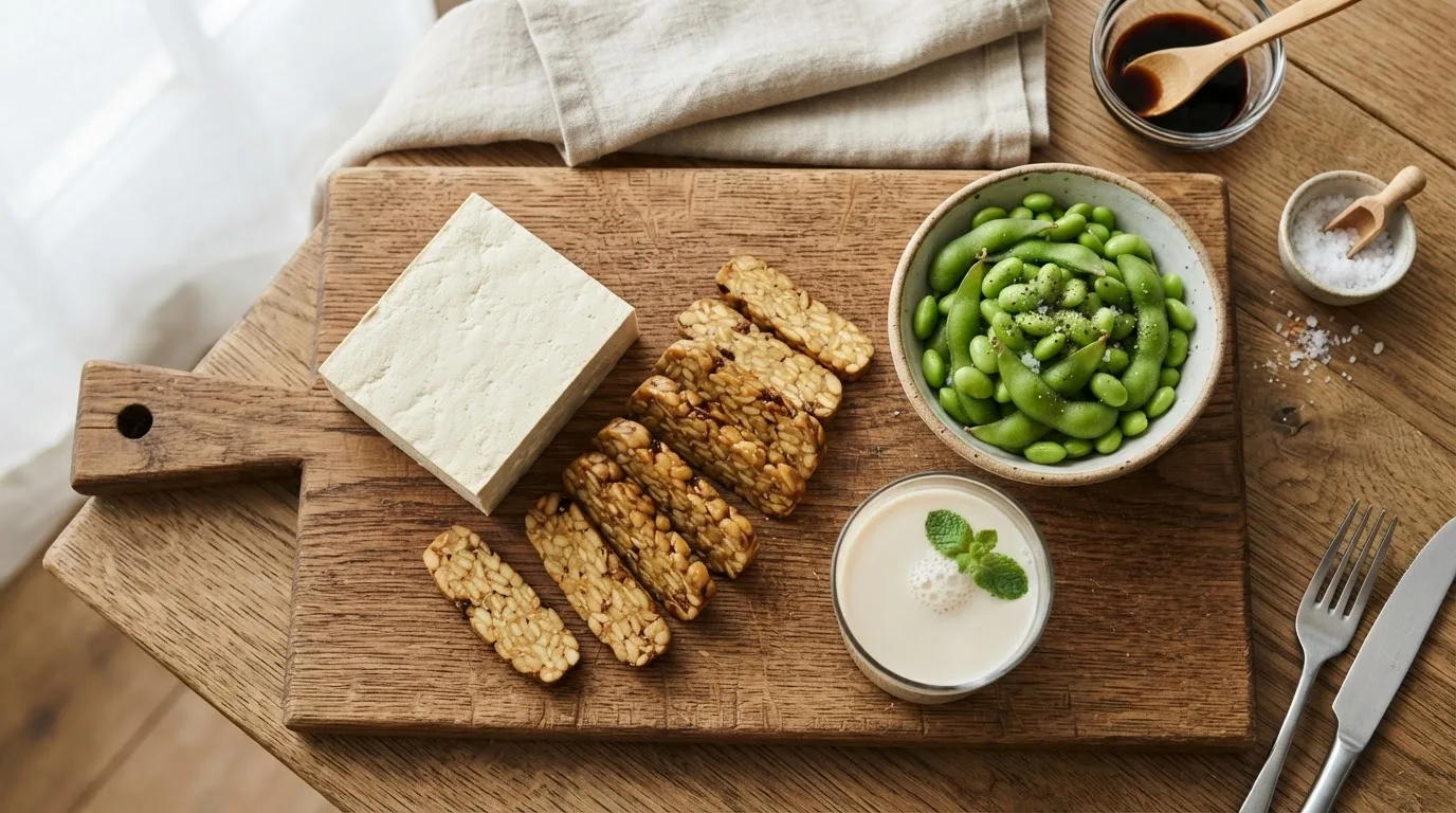 Sojaprodukte auf einem Holzbrett: ein Block fester Tofu, geschnittener Tempeh, eine Schale Edamame und ein Glas Sojamilch