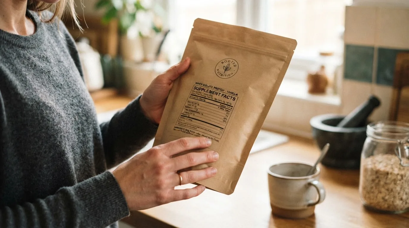 Hände halten einen Kraftpapier-Beutel mit Proteinpulver und lesen die Zutatenliste auf der Rückseite, unscharfer Küchenhintergrund, natürliches Licht