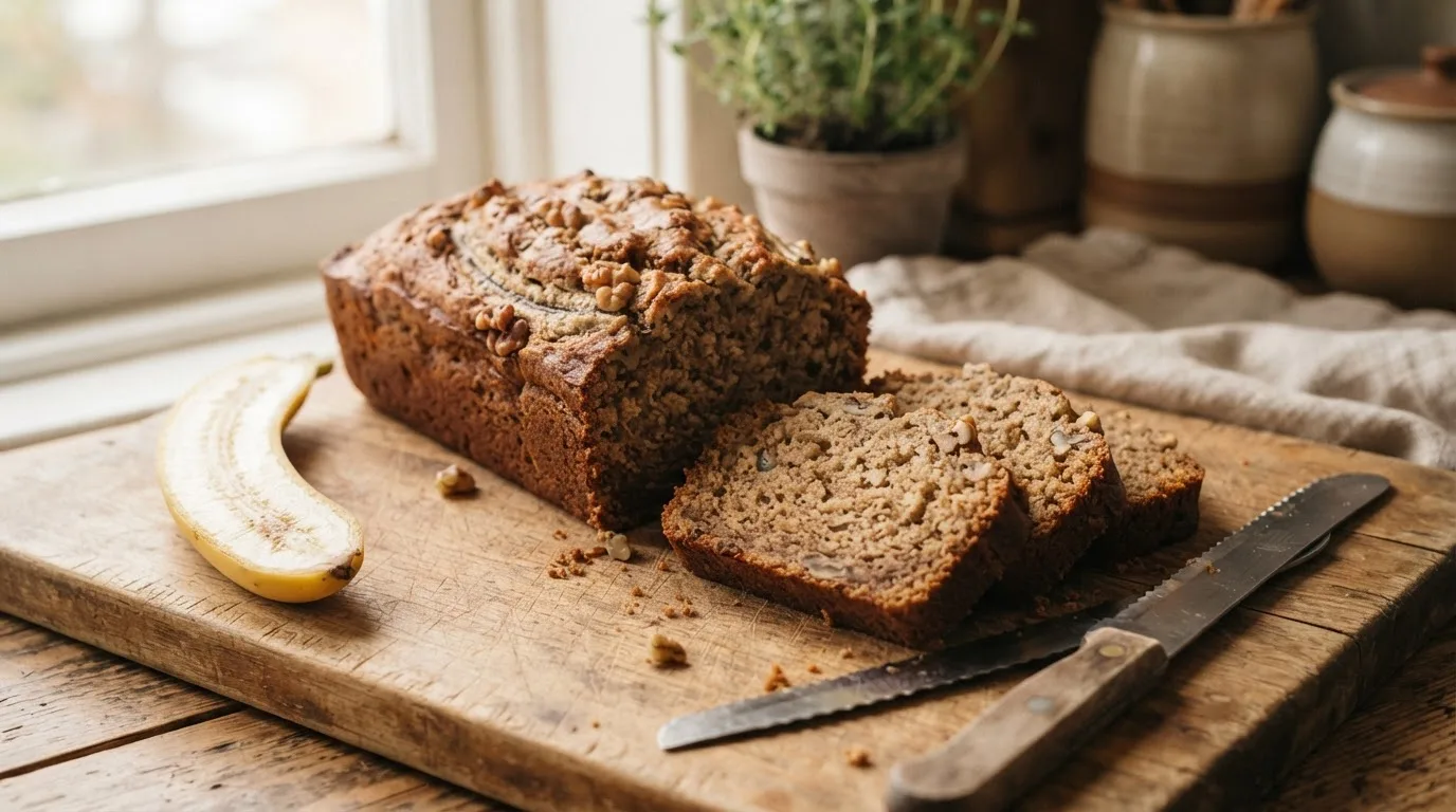 Veganes Protein-Bananenbrot mit zwei angeschnittenen Scheiben auf einem Holzbrett