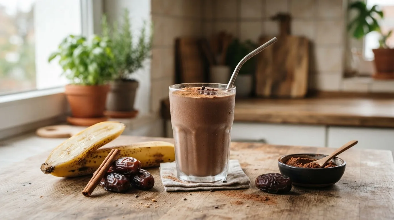 Natürlich gesüßter Protein-Smoothie im Glas mit reifer Banane, Datteln, Zimtstange und Kakaopulver daneben auf der Küchentheke, Morgenlicht