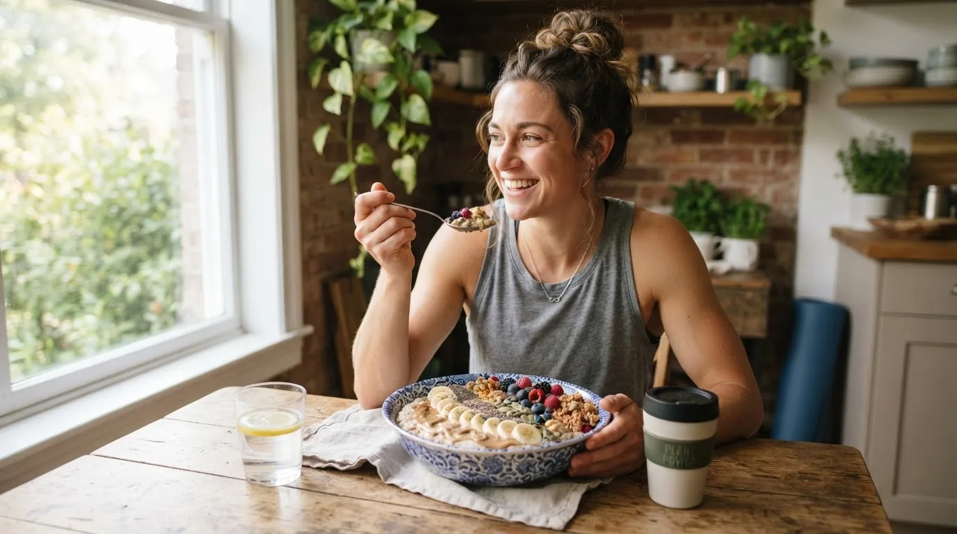 Athlet beim Frühstück mit großer veganer Hafer-Bowl mit Banane, Nussbutter und Samen am Küchentisch, Morgenlicht, Lifestyle-Fotografie