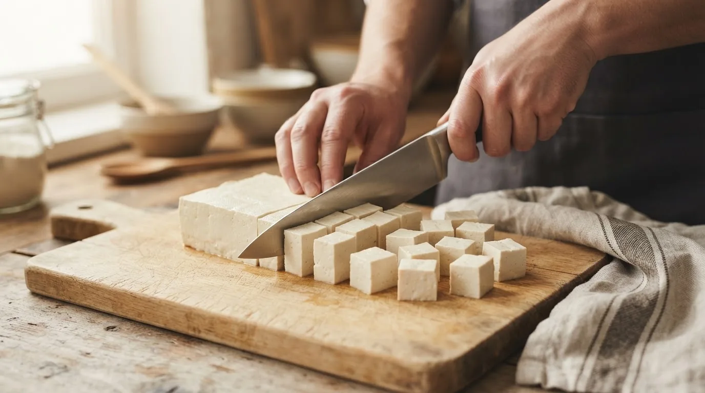 Tofublock wird auf einem Holzbrett in gleichmäßige Würfel geschnitten