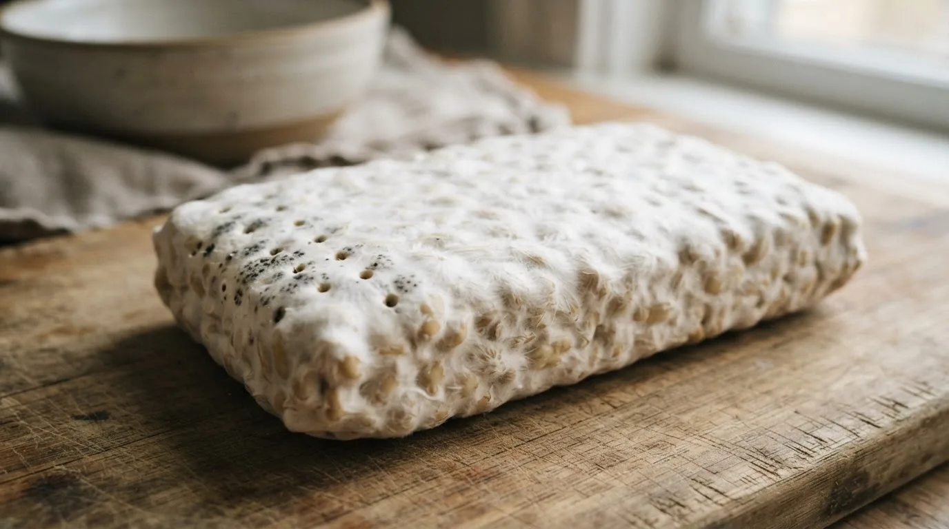 Frisch fermentierter Tempeh-Block mit dichtem weißem Myzel und einigen kleinen grauen Flecken an den Luftlöchern, Makro-Nahaufnahme