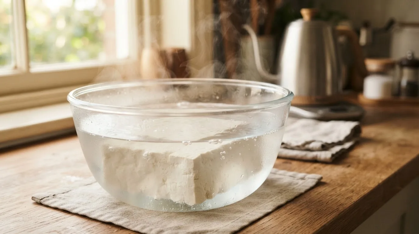 Gefrorener Tofublock taut in einer Glasschüssel mit dampfend heißem Wasser auf