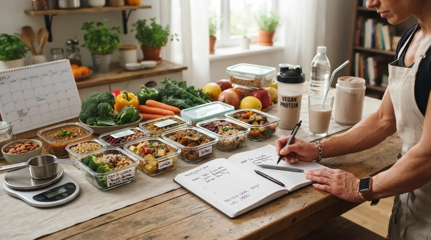 Veganer Wochenernährungsplan auf dem Tisch mit mehreren Mahlzeiten-Behältern, Proteinshake und Gemüse, natürliches Licht, Lifestyle-Fotografie