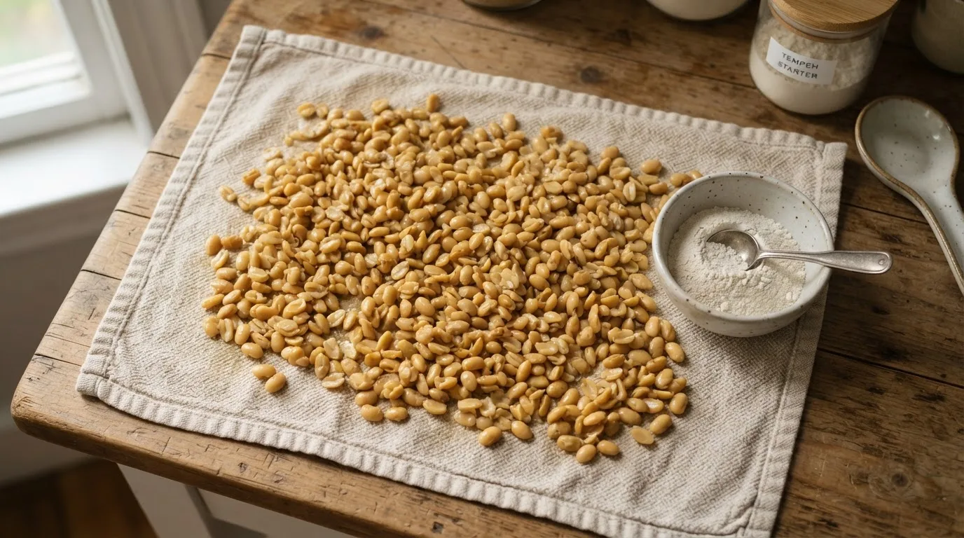 Gekochte, geschälte Sojabohnen zum Trocknen und Abkühlen auf einem sauberen Küchentuch ausgebreitet, daneben eine kleine Schale mit Tempeh-Starter, Draufsicht