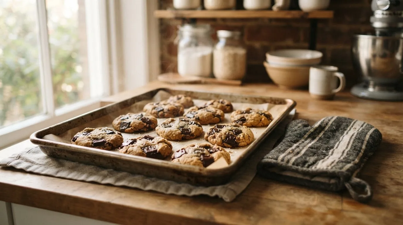 Backblech mit frisch gebackenen veganen Erdnuss-Protein-Cookies mit Schokostückchen