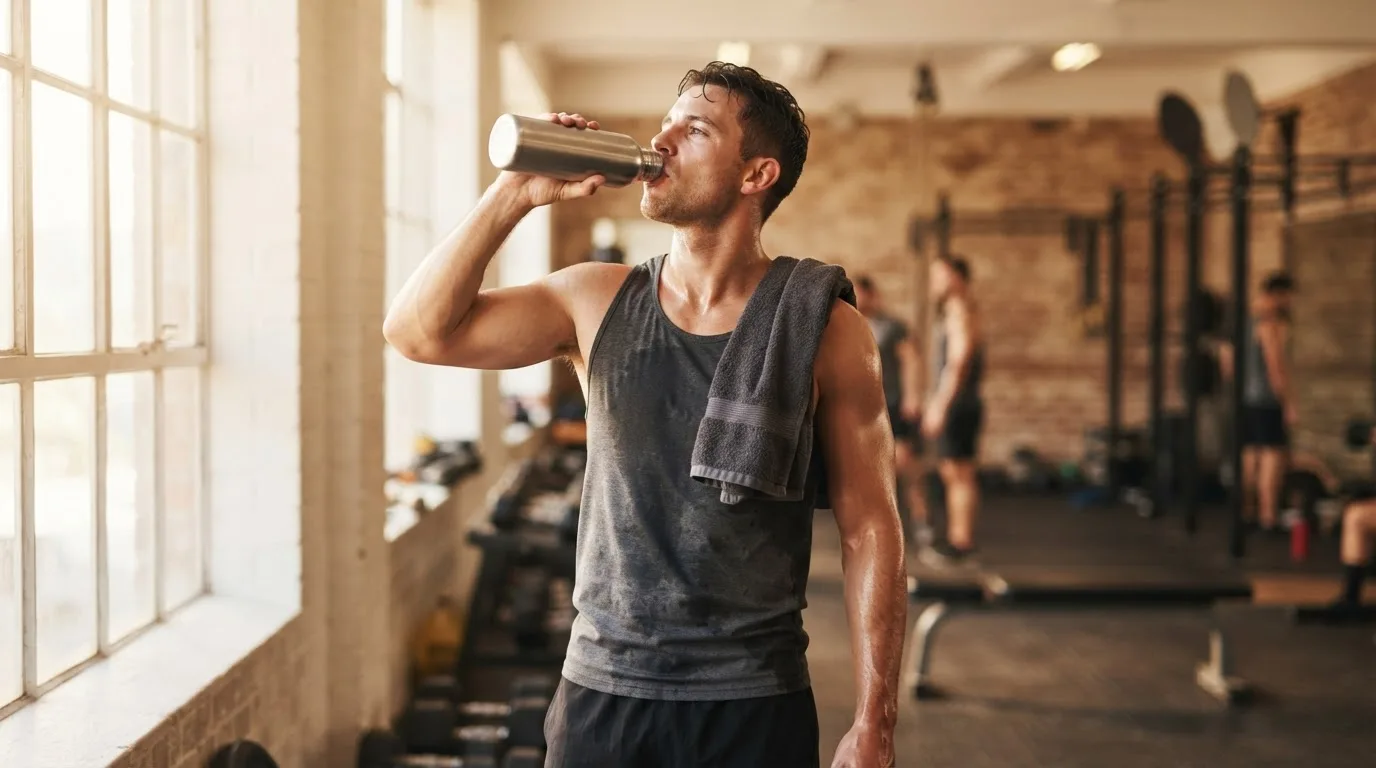 Mann trinkt nach dem Training im Studio aus einer Edelstahlflasche Wasser