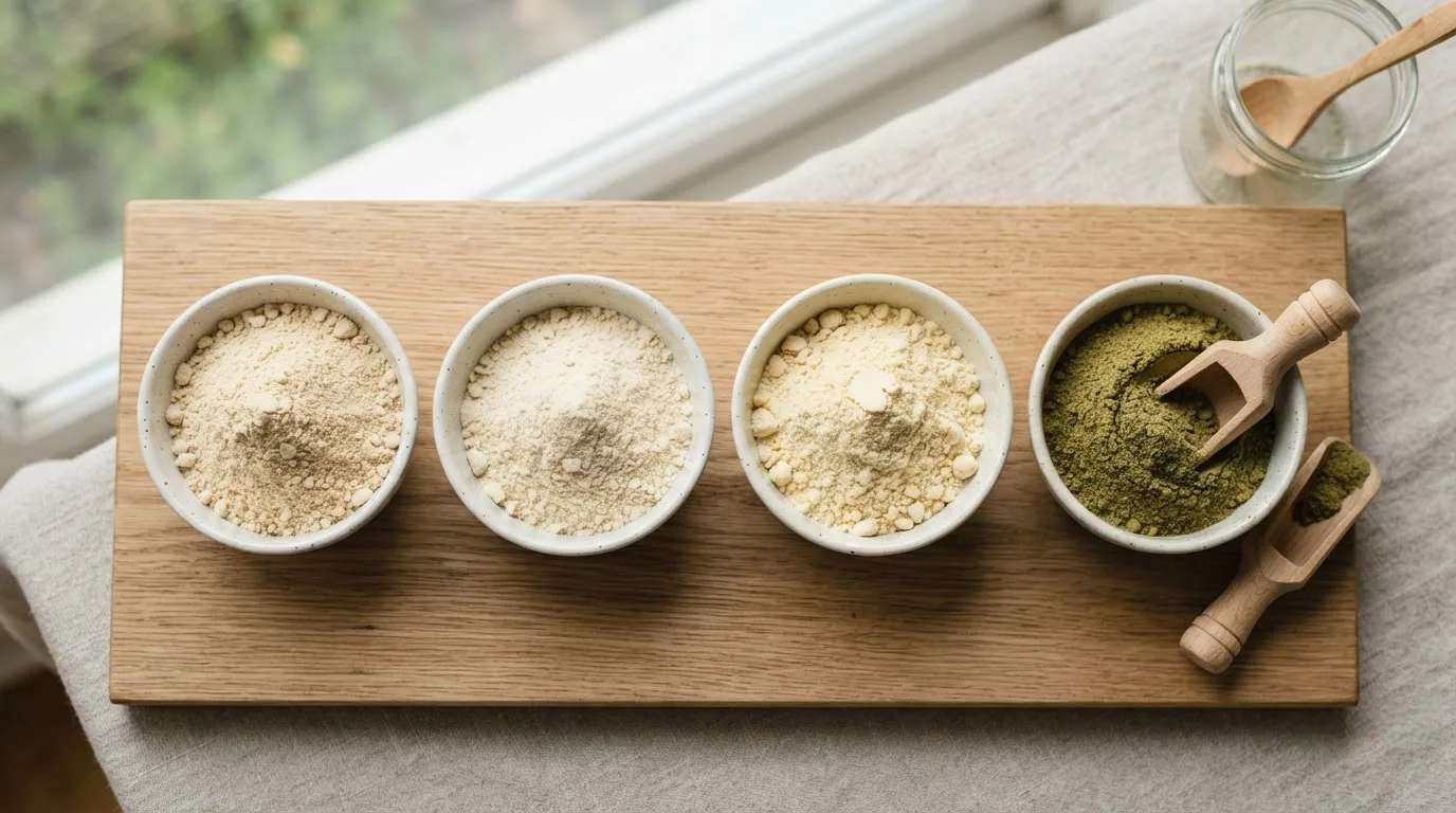 Vier Schalen mit unterschiedlichen pflanzlichen Proteinpulvern in Beige, Cremeweiß, Hellgelb und Olivgrün