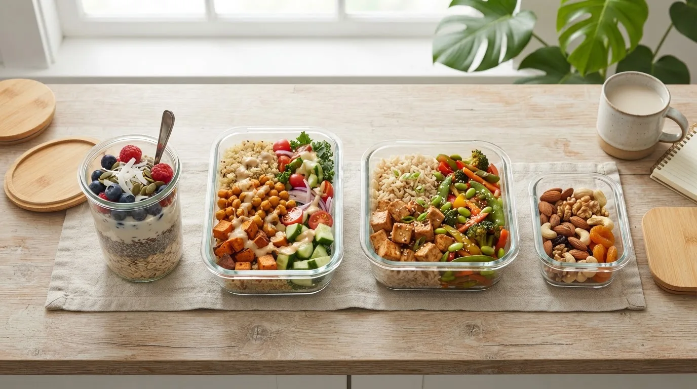 Vegane Meal-Prep-Boxen für einen Tag: Overnight Oats mit Samen, Quinoa-Kichererbsen-Bowl, Tofu-Pfanne mit Reis und eine kleine Snackbox mit Nüssen