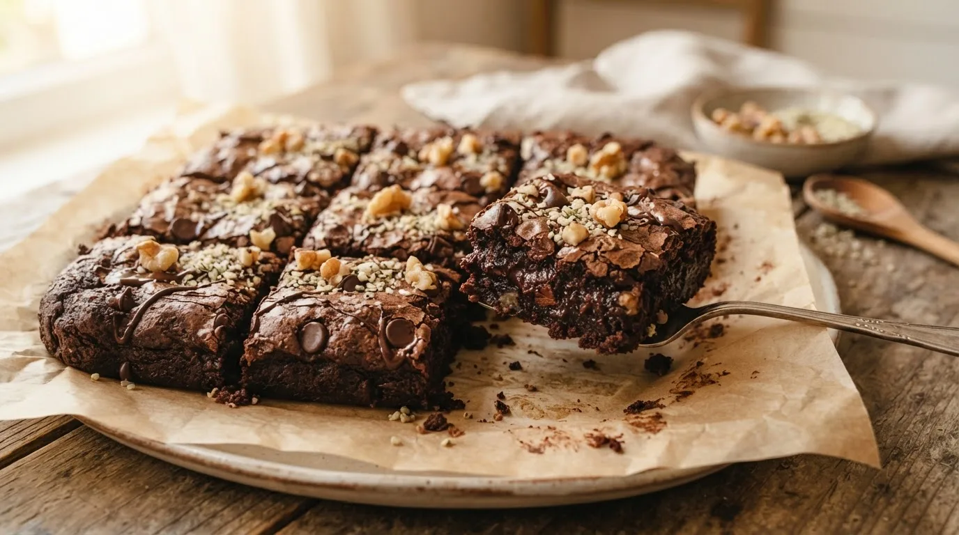 Vegane Protein-Brownies in Stücken auf Backpapier mit Walnüssen und Hanfsamen