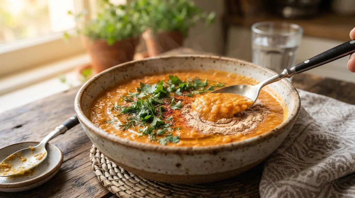 Cremige rote Linsensuppe in einer rustikalen Schüssel mit untergerührtem neutralem Proteinpulver und frischen Kräutern, Seitenansicht, warmes natürliches Licht