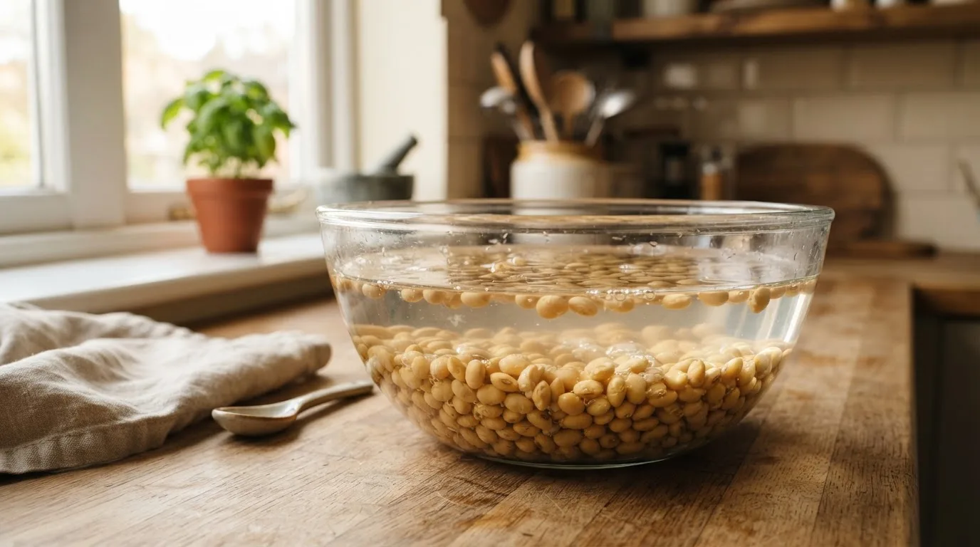 Getrocknete gelbe Sojabohnen weichen in einer großen Glasschüssel mit Wasser auf der Küchenarbeitsplatte ein, Seitenansicht, weiches natürliches Licht