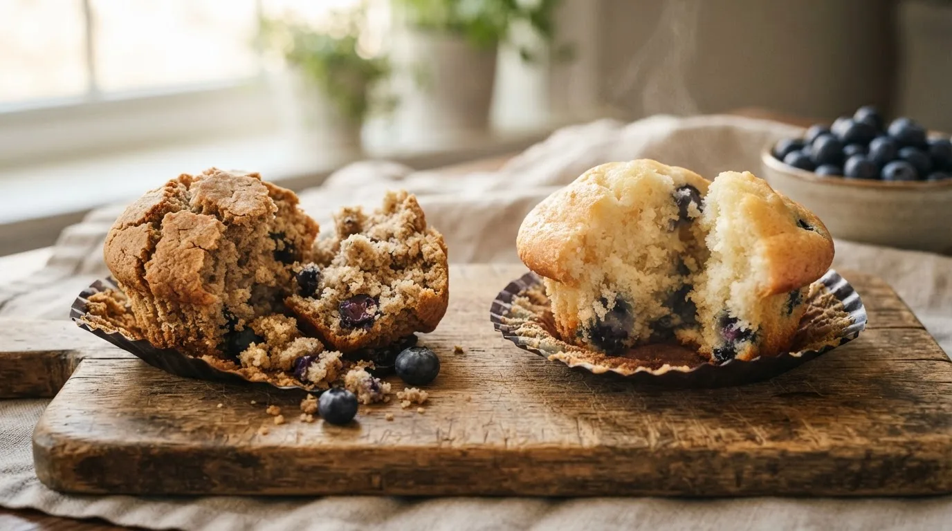 Aufgebrochener trockener, bröseliger Muffin neben einem saftigen, fluffigen Muffin