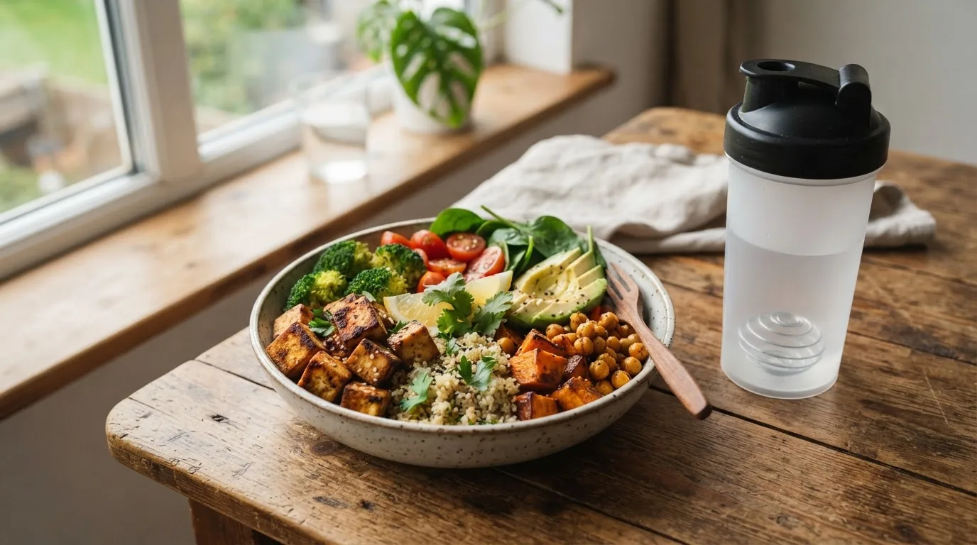 Bowl mit knusprigem Tofu, Quinoa, Süßkartoffel, Brokkoli und Kichererbsen neben einem Shaker