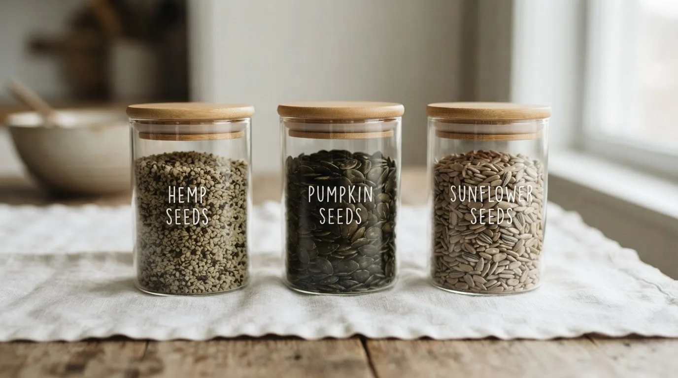 Drei Glasgefäße mit Hanfsamen, Kürbiskernen und Sonnenblumenkernen auf weißem Leinentuch, Seitenansicht, weiches diffuses Licht, minimale Food-Fotografie