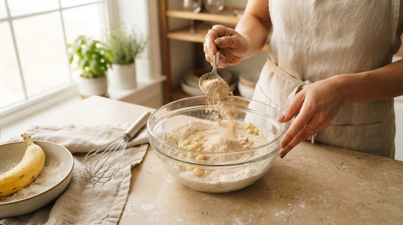 Hände geben Proteinpulver in eine Glasschüssel mit Mehl, zerdrückter Banane und Hafermilch