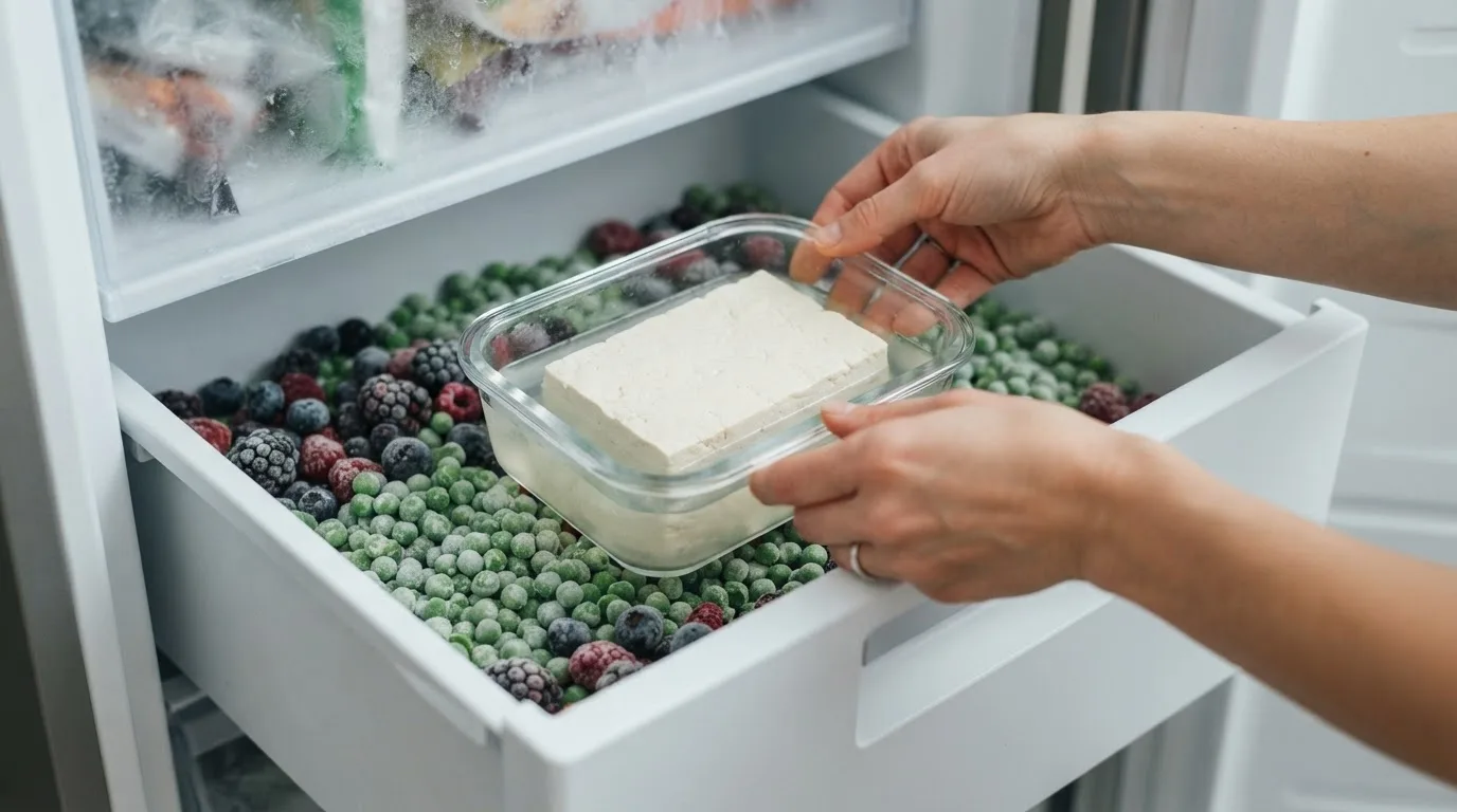 Hände stellen einen Tofublock in einer Glasdose in eine Gefrierschublade mit Erbsen und Beeren