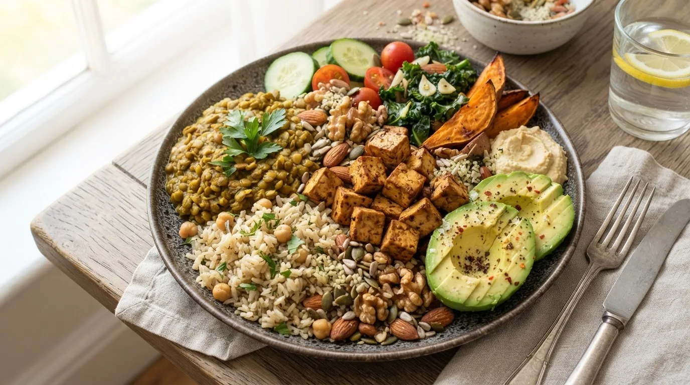 Großer kalorienreicher veganer Teller mit Avocado, Reis, Linsen, Nüssen und Tofu, üppige Portionen, Draufsicht, Food-Fotografie, helles natürliches Licht