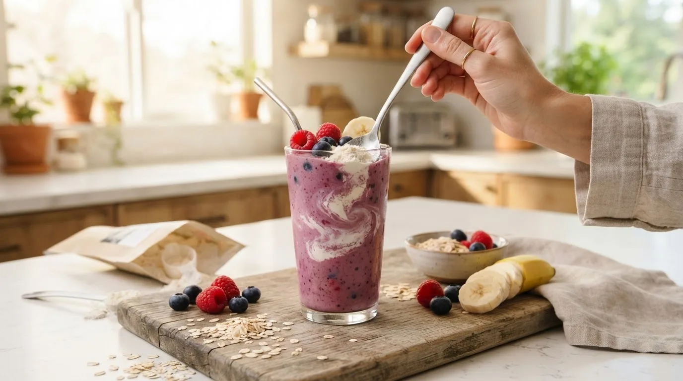 Beeren-Smoothie im Glas, in den ein Löffel weißes Pulver eingerührt wird, daneben Beeren, Banane und Haferflocken
