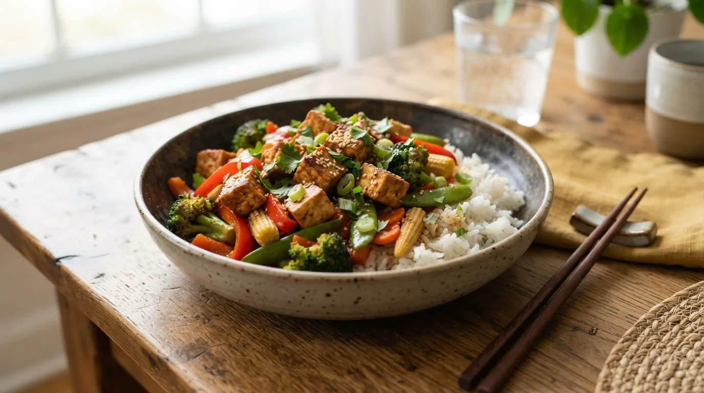 Bowl mit knusprigem, mariniertem Tofu, Brokkoli, Paprika, Zuckerschoten und Jasminreis