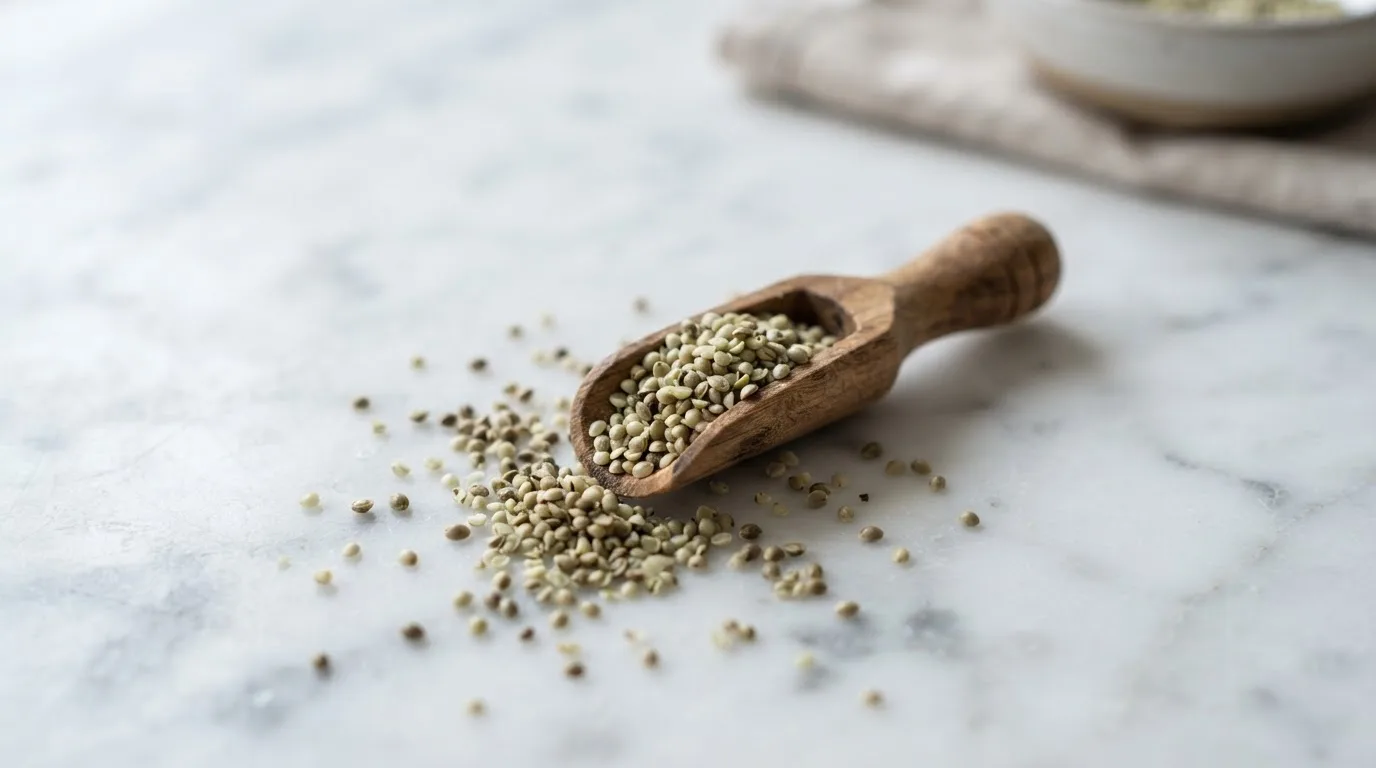 Hanfsamen auf einem weißen Marmorhintergrund mit kleinem Holzlöffel, Makro-Nahaufnahme, weiches natürliches Licht, minimale Food-Fotografie