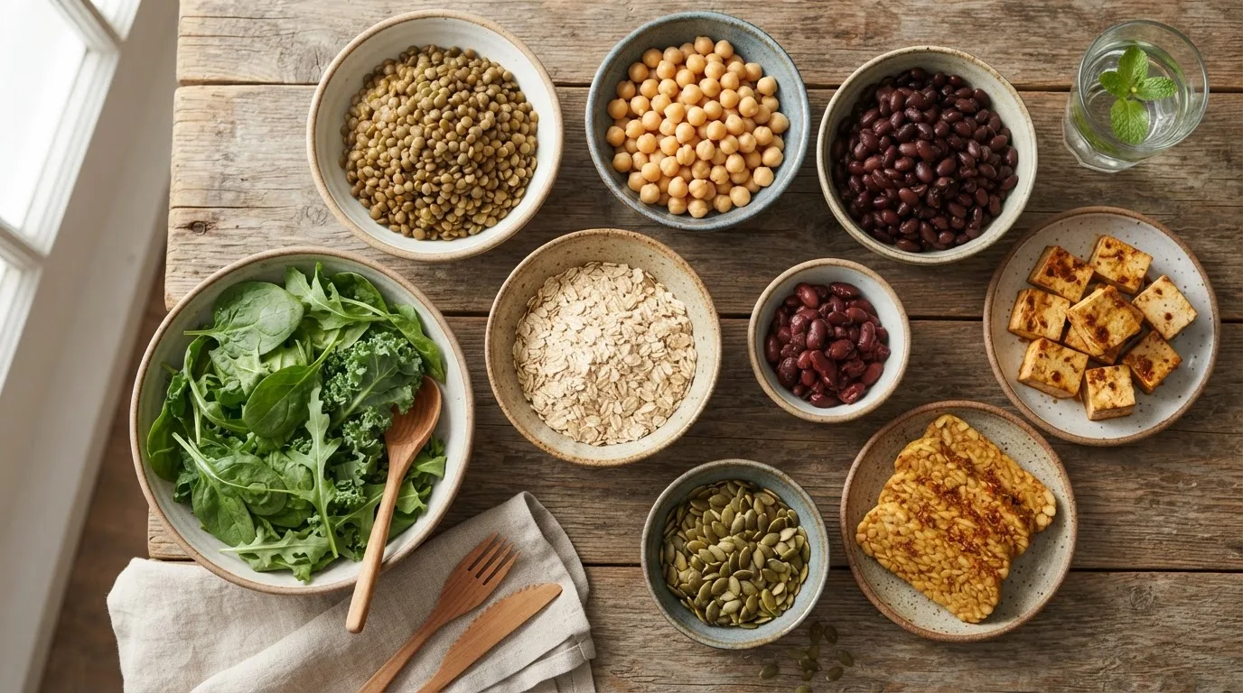 Flat-Lay mit pflanzlichen Proteinquellen wie Linsen, Kichererbsen, Bohnen, Tofu, Tempeh, Kürbiskernen und Haferflocken