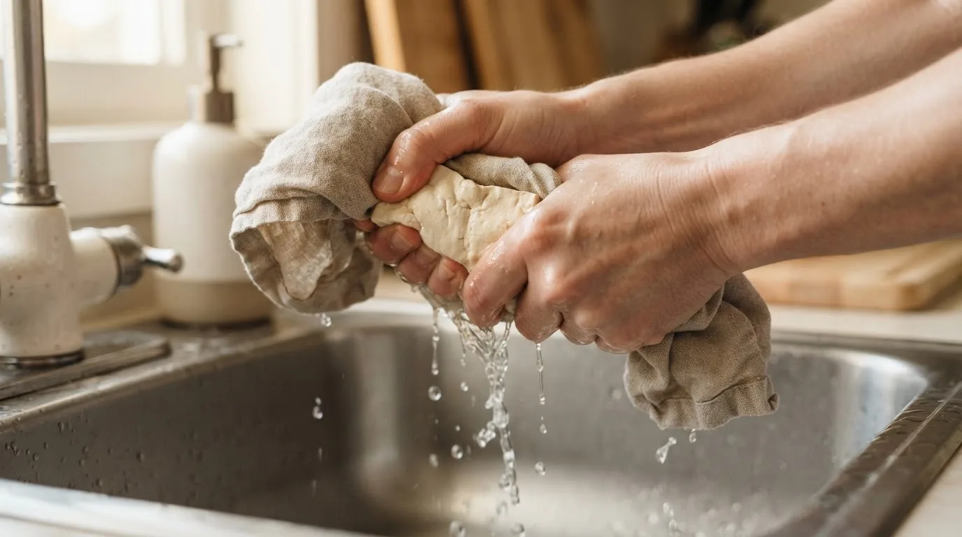 Hände drücken aufgetauten Tofu in einem Leinentuch über der Spüle aus, Wasser tropft heraus