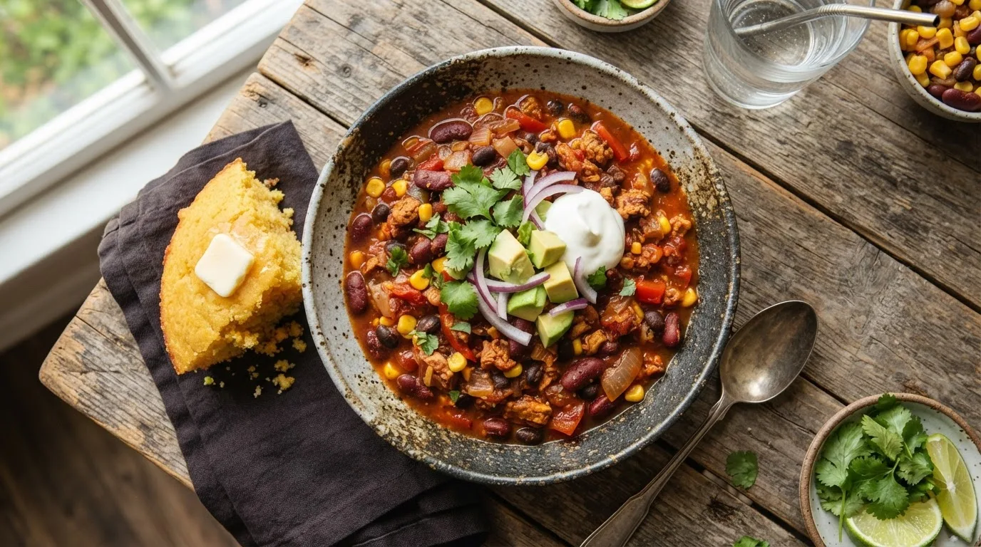 Veganes Chili sin Carne mit Kidneybohnen und Mais in einer rustikalen Schale, dazu Reis