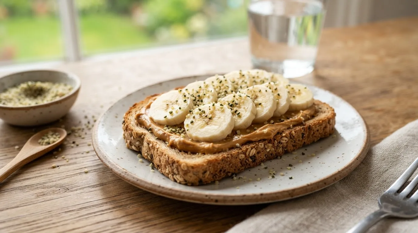 Getoastetes Vollkornbrot mit Erdnussbutter, Bananenscheiben und Hanfsamen auf einem kleinen Teller