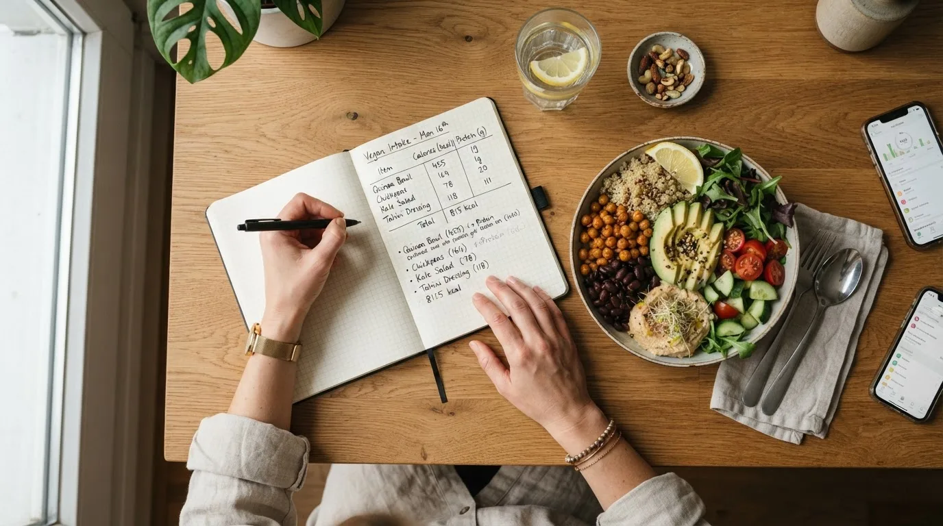 Person schreibt Kalorienberechnungen in ein Notizbuch neben gesunden veganen Lebensmitteln auf einem Holztisch, Draufsicht, natürliches Licht