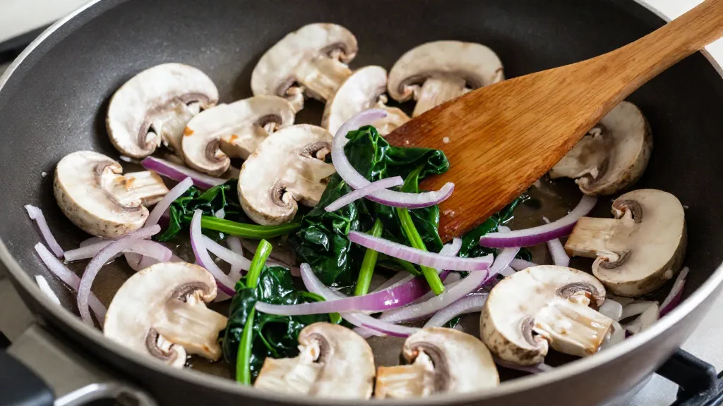 Champignons, rote Zwiebel und Spinat werden in einer beschichteten Pfanne für die Omelett-Füllung gebraten