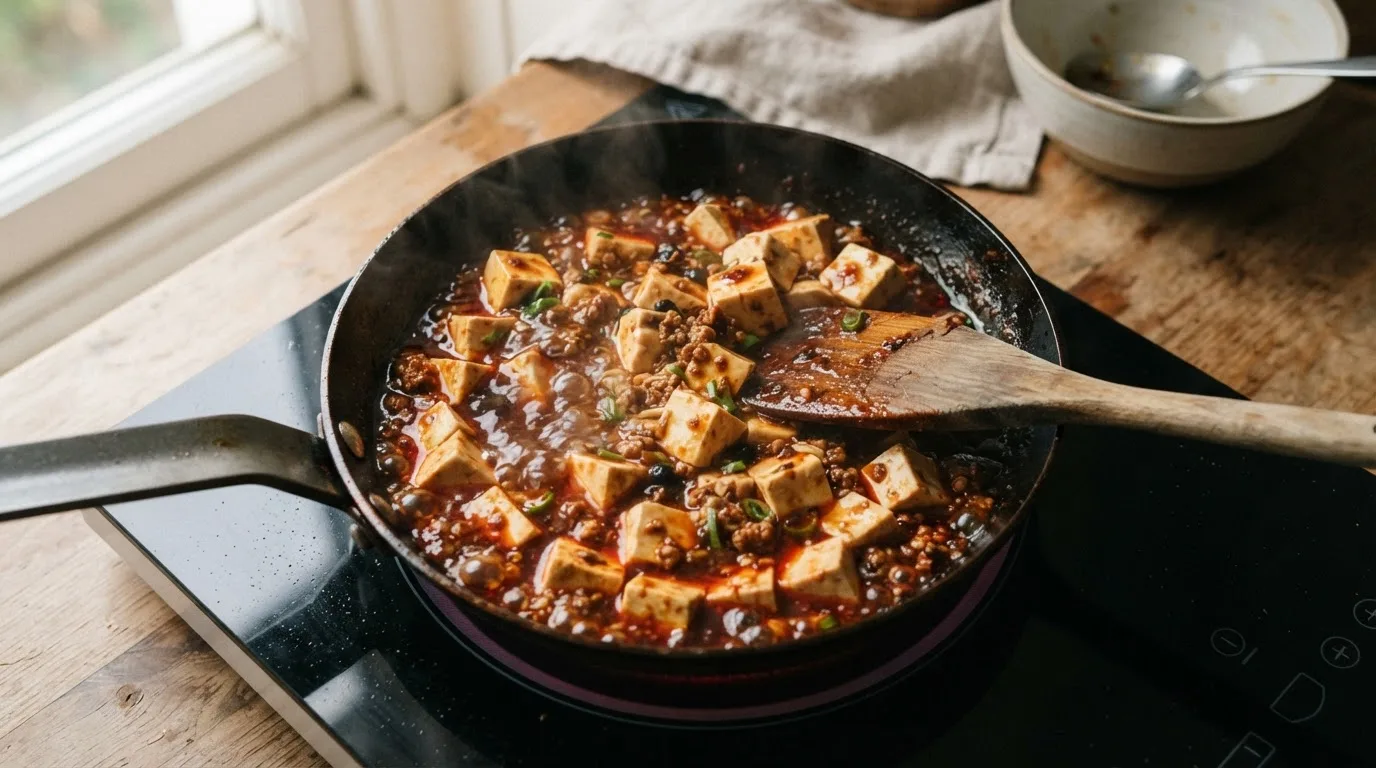 Eine Portion Mapo Tofu wird in einer kleinen Pfanne mit einem Schuss Wasser aufgewärmt, die dicke rote Sauce wird wieder glänzend, die Tofuwürfel sind weitgehend ganz