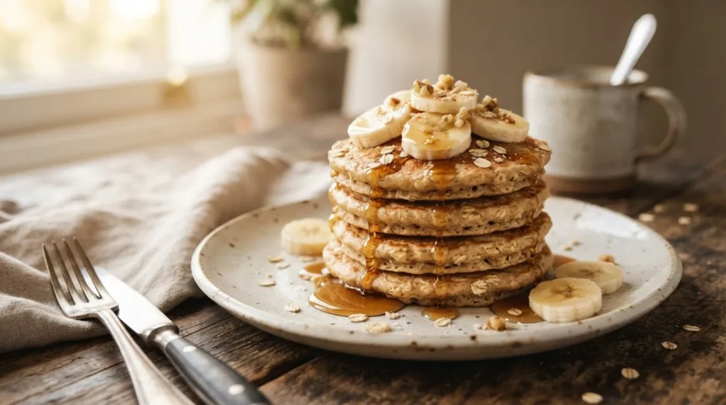 Stapel kleiner, goldbrauner veganer Protein-Pancakes mit Bananenscheiben und Ahornsirup auf einem Keramikteller