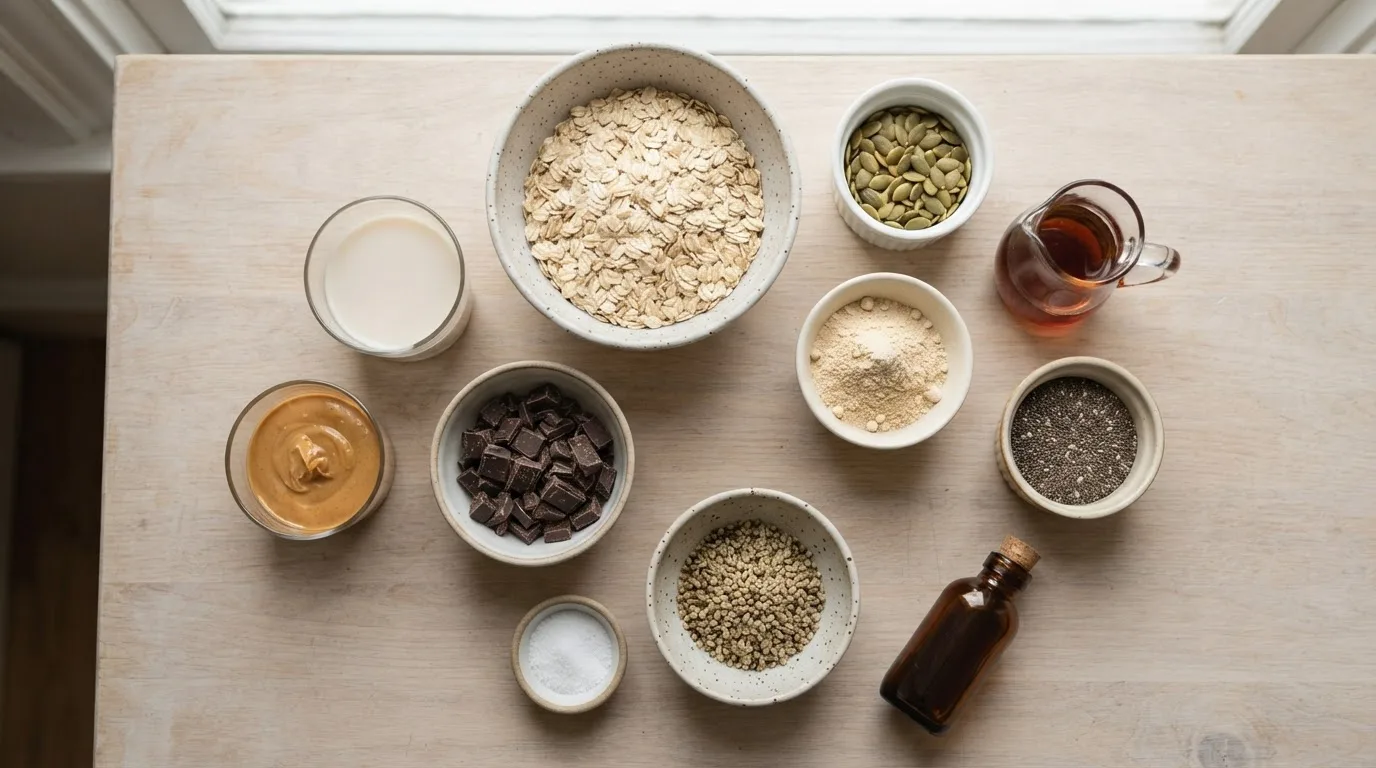 Zutaten für vegane Proteinriegel in Keramikschalen: Erdnussmus, Haferflocken, Kürbiskerne, Ahornsirup, Erbsenprotein, Chia- und Hanfsamen und Zartbitterschokolade