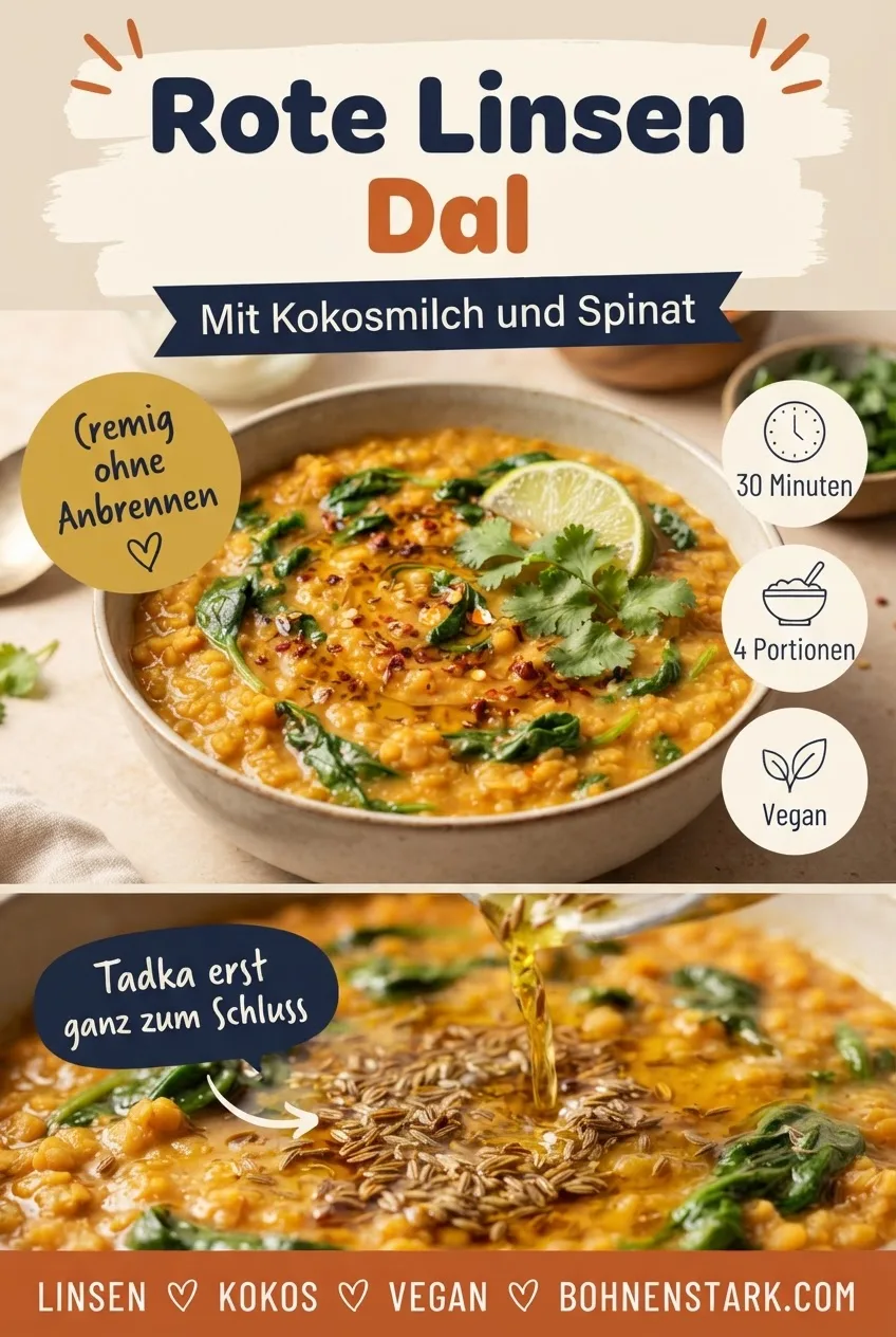Pinterest-Pin: Rote Linsen Dal mit Kokosmilch und Spinat, cremig ohne Anbrennen, 30 Minuten, 4 Portionen, vegan