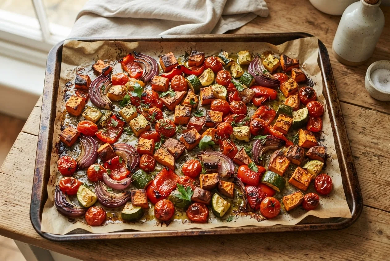 Geröstetes Ofengemüse mit Süßkartoffel, roter Zwiebel, Paprika, Zucchini und Kirschtomaten auf einem Backblech